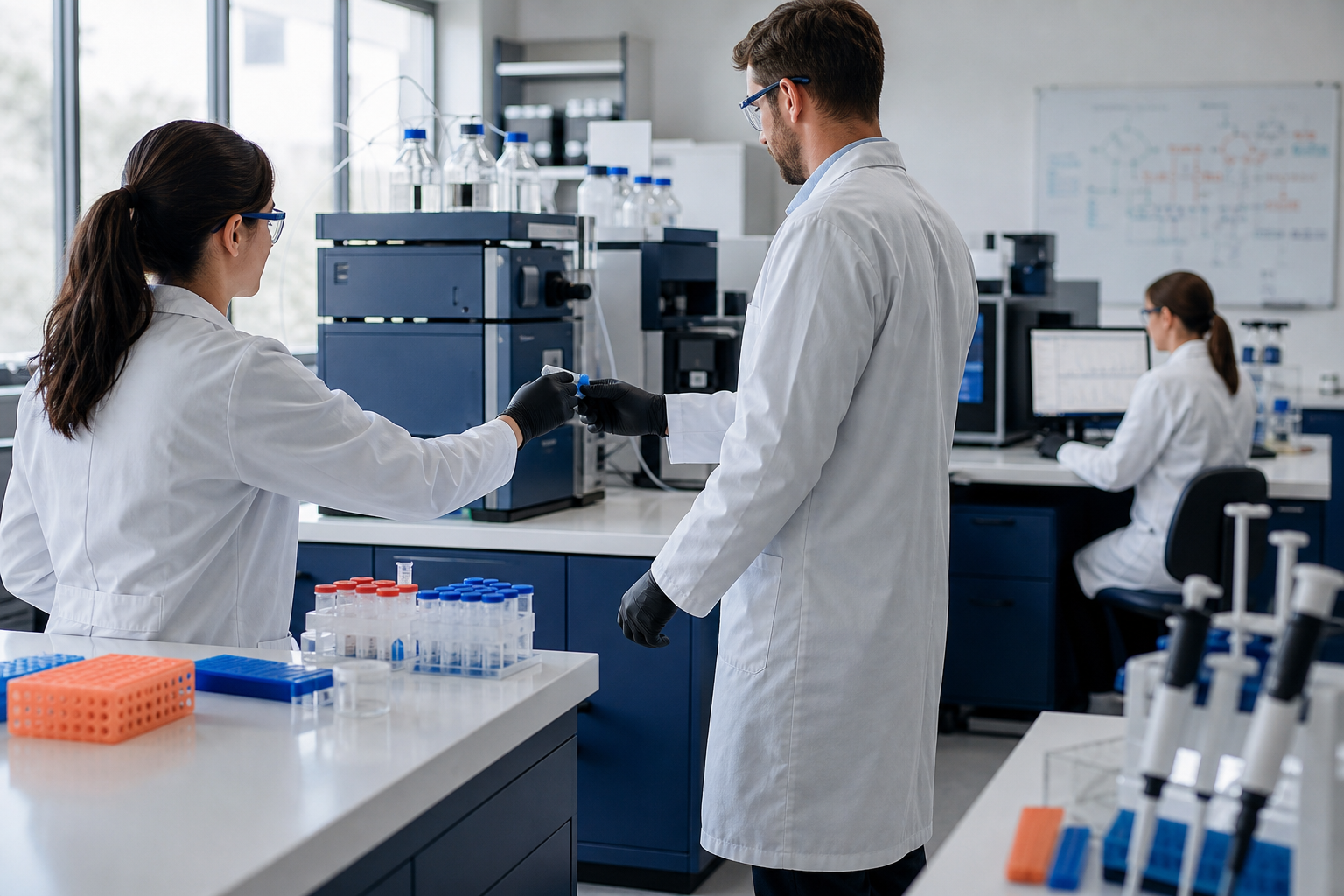 Original editorial visualization of a staged laboratory project handoff